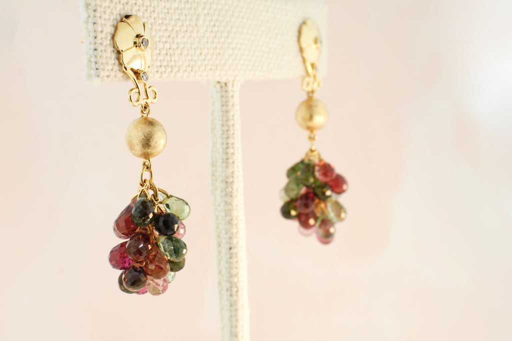 Portia Multi Colored Tourmaline Briolette with Diamond Accent Dangle Earrings-Earrings-Nari Fine Jewels-Nari Fine Jewels