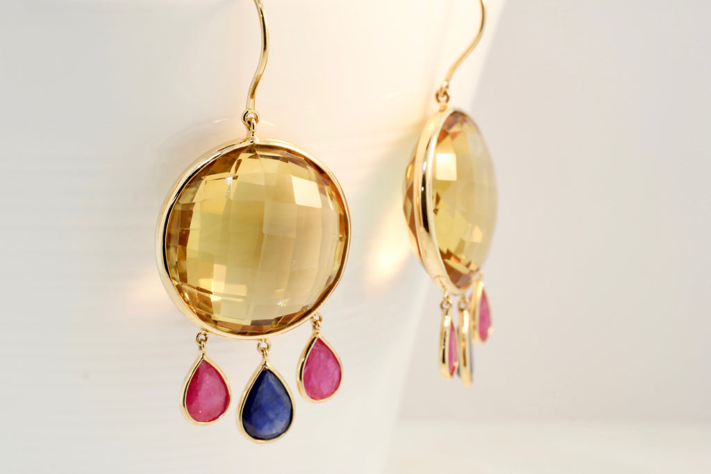 Manee Citrine Ruby and Sapphire Dangle Earrings-Earrings-Nari Fine Jewels-Nari Fine Jewels
