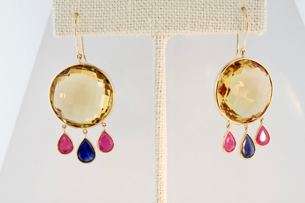Manee Citrine Ruby and Sapphire Dangle Earrings-Earrings-Nari Fine Jewels-Nari Fine Jewels