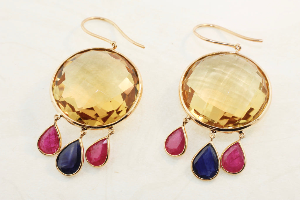 Manee Citrine Ruby and Sapphire Dangle Earrings-Earrings-Nari Fine Jewels-Nari Fine Jewels