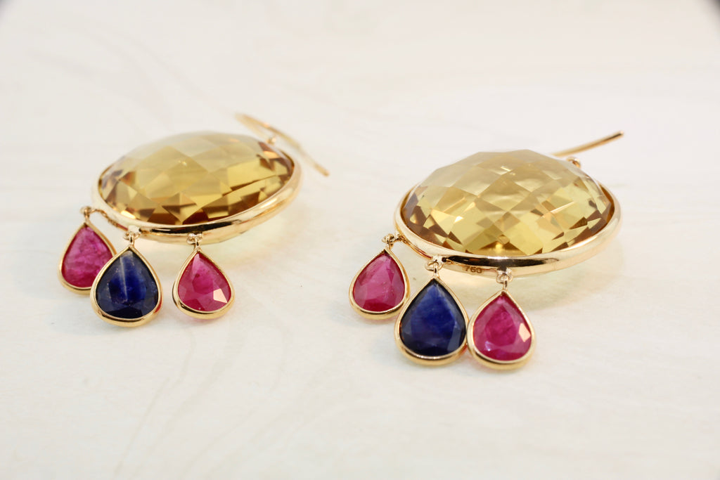 Manee Citrine Ruby and Sapphire Dangle Earrings-Earrings-Nari Fine Jewels-Nari Fine Jewels