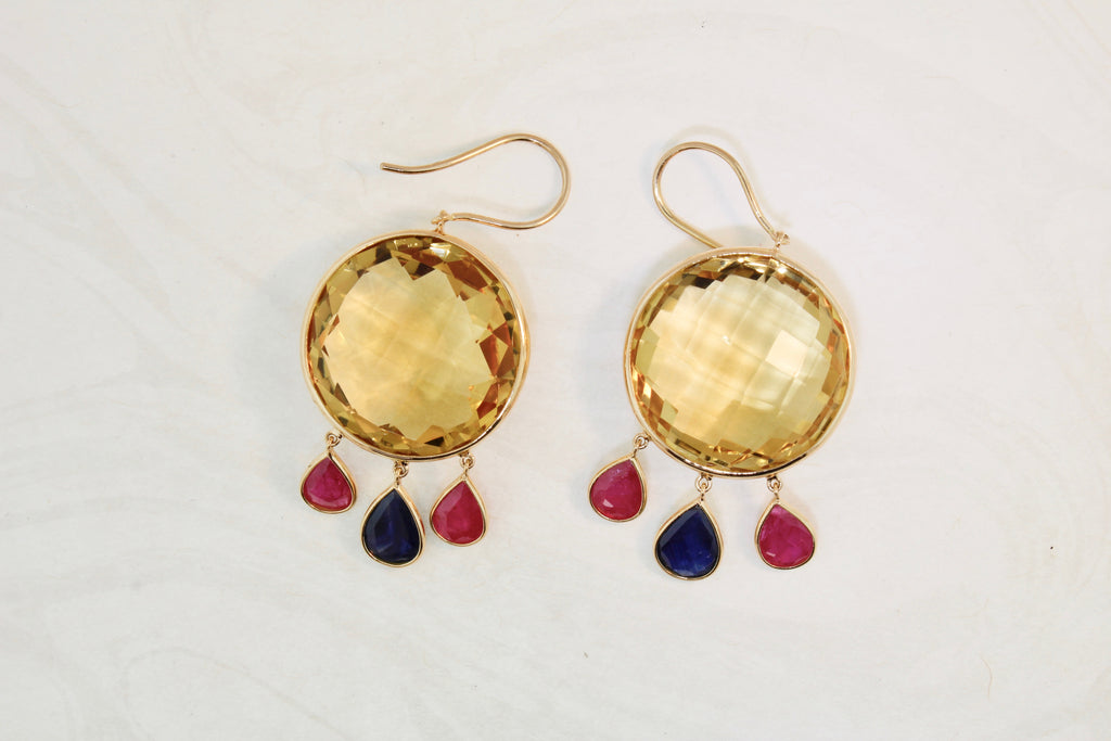 Manee Citrine Ruby and Sapphire Dangle Earrings-Earrings-Nari Fine Jewels-Nari Fine Jewels