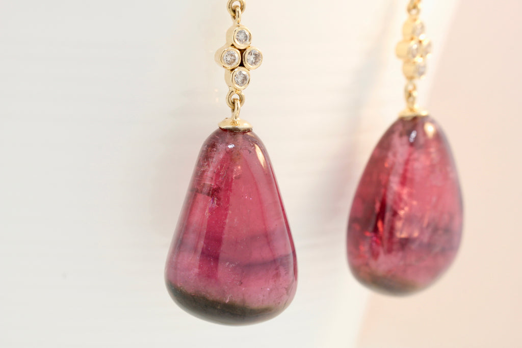 Airin Polished Bi Colored Tourmaline with Four Diamond Dangle Earrings-Earrings-Nari Fine Jewels-Nari Fine Jewels