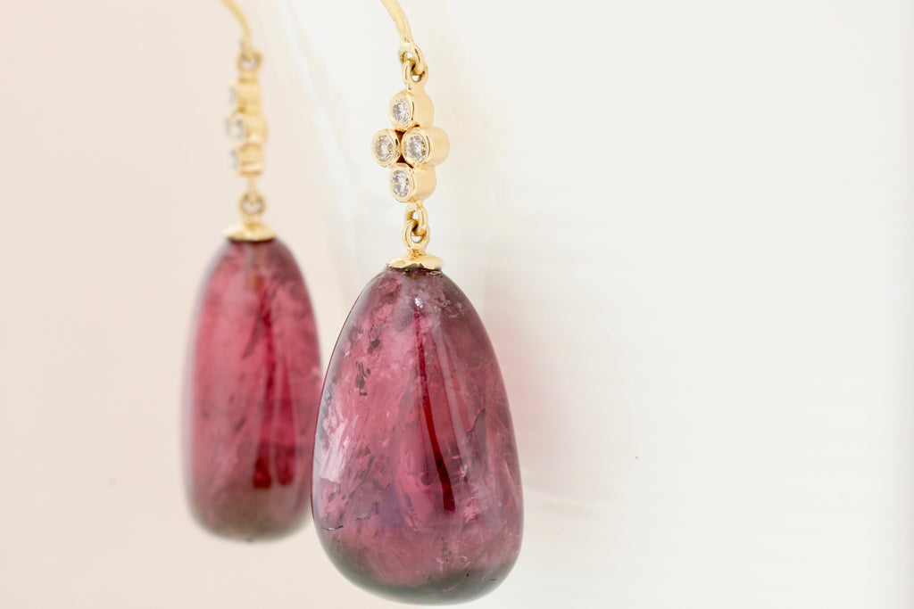 Airin Polished Bi Colored Tourmaline with Four Diamond Dangle Earrings-Earrings-Nari Fine Jewels-Nari Fine Jewels