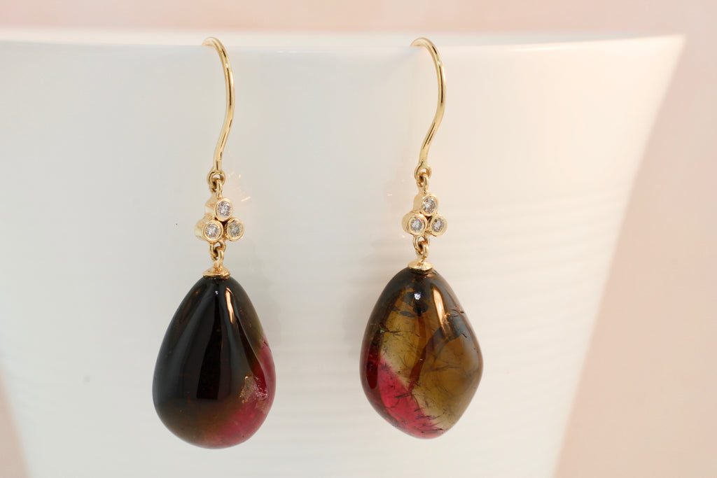 Airin Polished Bi Colored Tourmaline with Three Diamond Dangle Earrings-Earrings-Nari Fine Jewels-Nari Fine Jewels