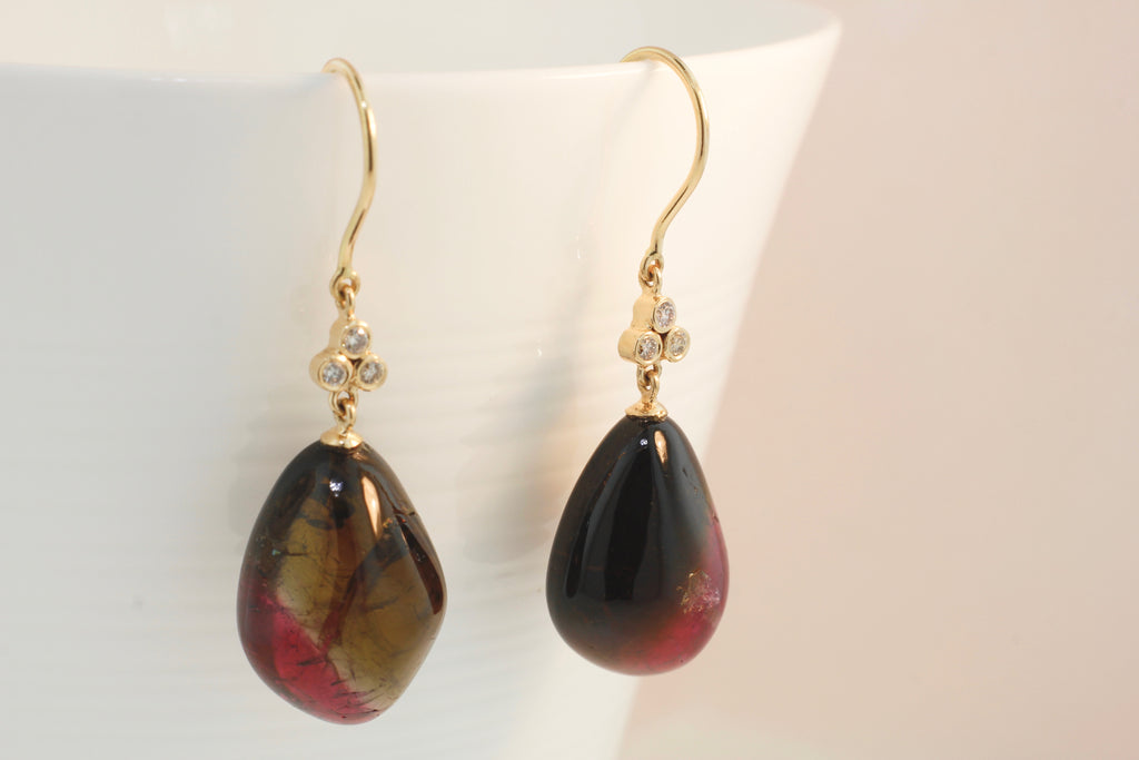 Airin Polished Bi Colored Tourmaline with Three Diamond Dangle Earrings-Earrings-Nari Fine Jewels-Nari Fine Jewels