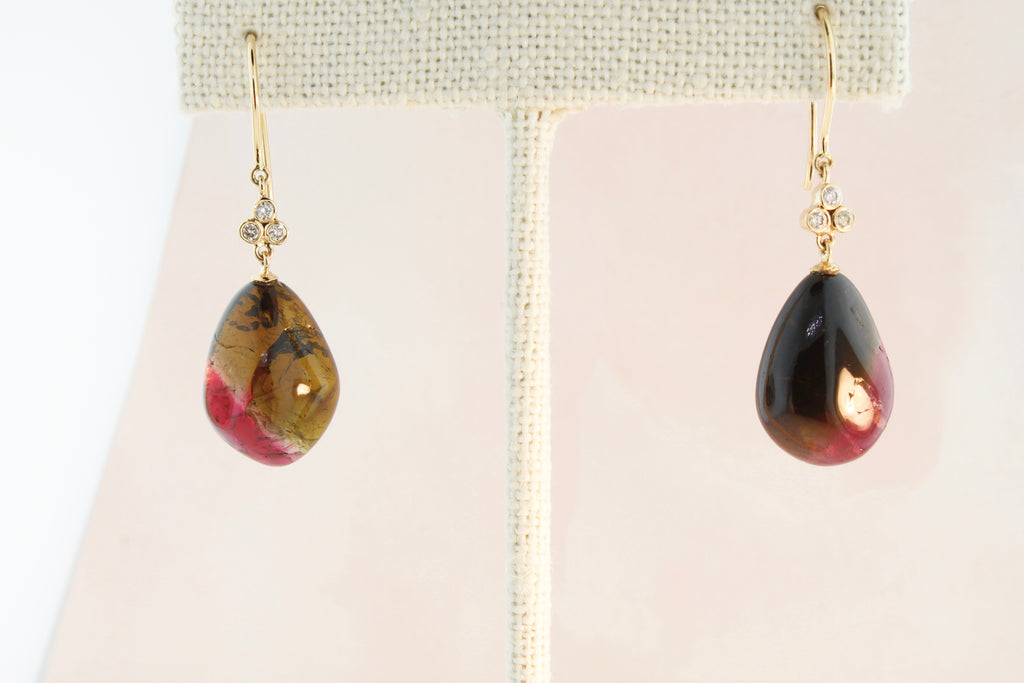 Airin Polished Bi Colored Tourmaline with Three Diamond Dangle Earrings-Earrings-Nari Fine Jewels-Nari Fine Jewels
