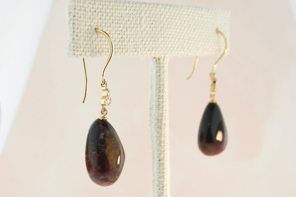 Airin Polished Bi Colored Tourmaline with Three Diamond Dangle Earrings-Earrings-Nari Fine Jewels-Nari Fine Jewels