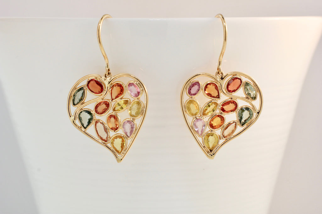 Keri Multi Colored Sapphire Heart Dangle Earrings-Earrings-Nari Fine Jewels-Nari Fine Jewels