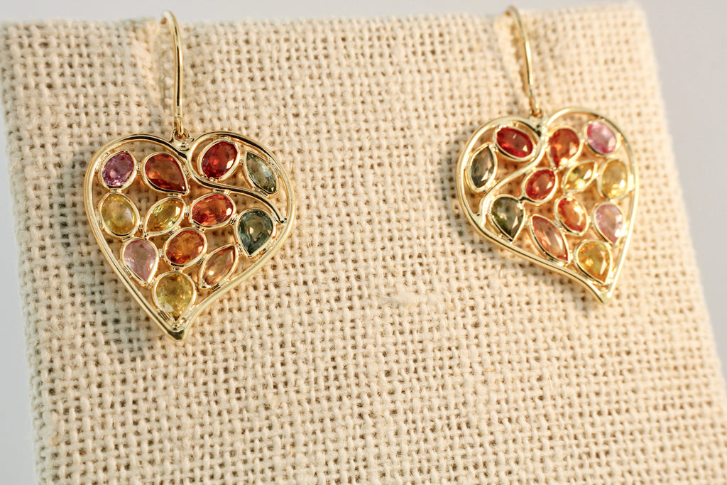 Keri Multi Colored Sapphire Heart Dangle Earrings-Earrings-Nari Fine Jewels-Nari Fine Jewels