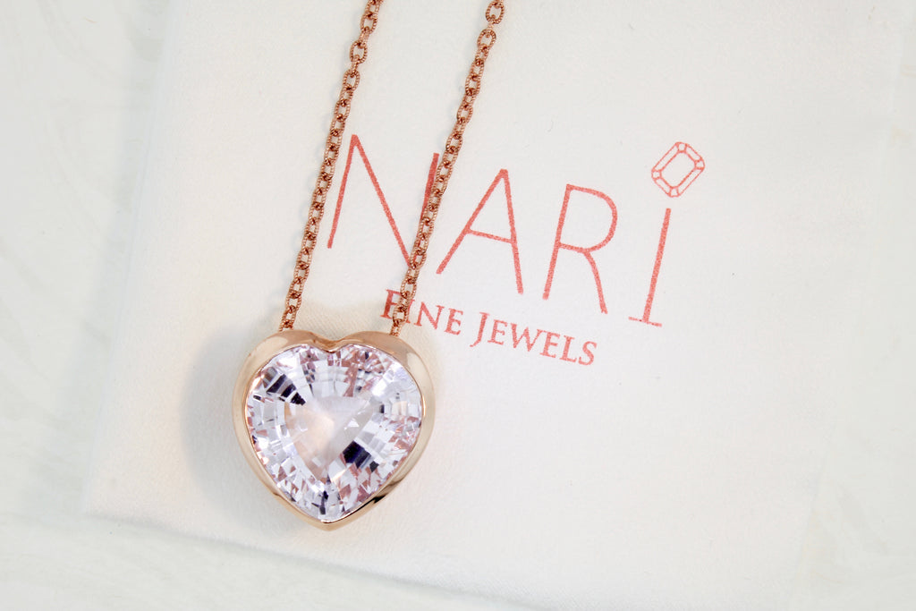 Kunzite Heart Shaped Sliding Pendant Decorative Cutout Bezel Necklace-Necklaces-Nari Fine Jewels-Nari Fine Jewels
