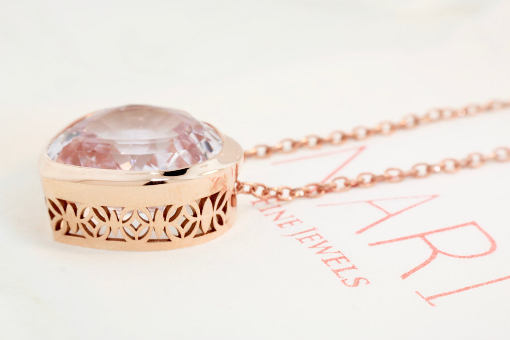 Kunzite Heart Shaped Sliding Pendant Decorative Cutout Bezel Necklace-Necklaces-Nari Fine Jewels-Nari Fine Jewels