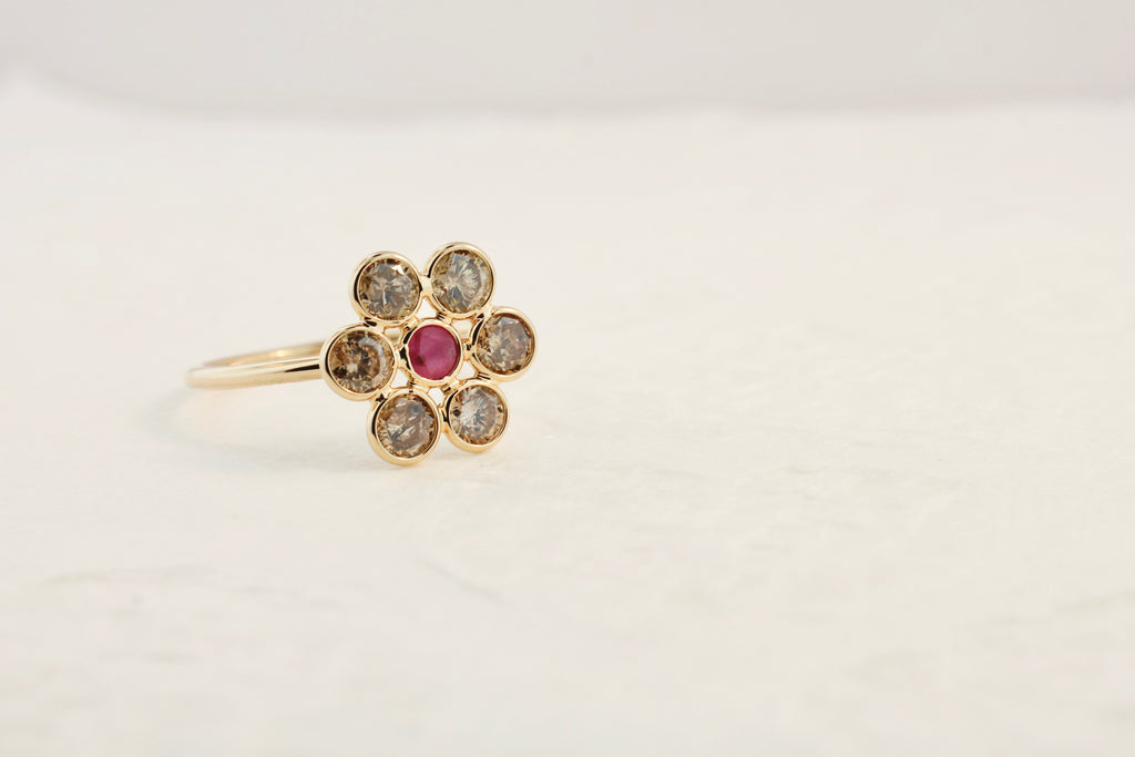 Tuberose Colored Diamond and Ruby Flower Ring-Rings-Nari Fine Jewels-Nari Fine Jewels