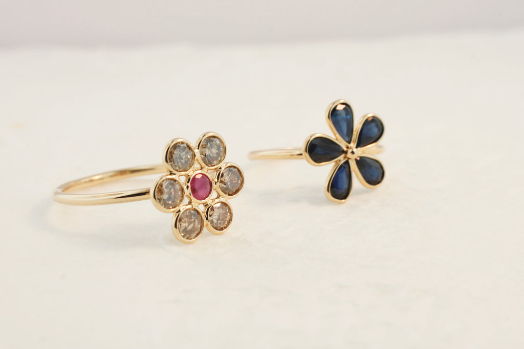 Tuberose Colored Diamond and Ruby Flower Ring-Rings-Nari Fine Jewels-Nari Fine Jewels