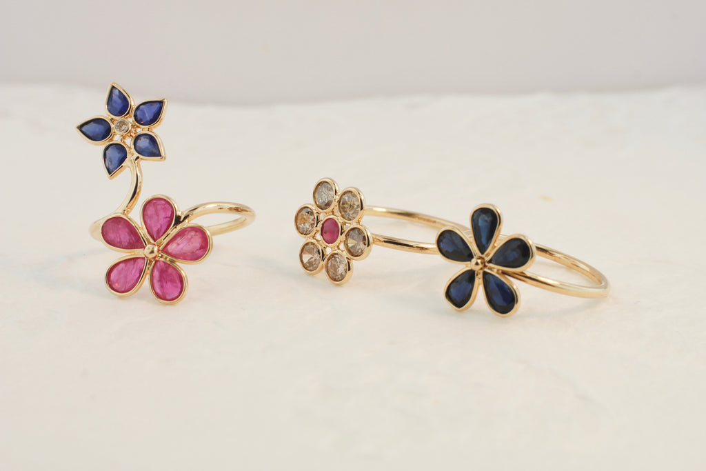 Tuberose Colored Diamond and Ruby Flower Ring-Rings-Nari Fine Jewels-Nari Fine Jewels