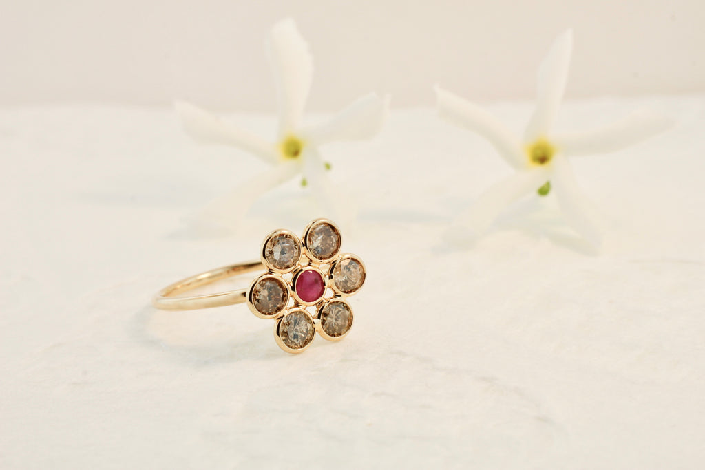 Tuberose Colored Diamond and Ruby Flower Ring-Rings-Nari Fine Jewels-Nari Fine Jewels