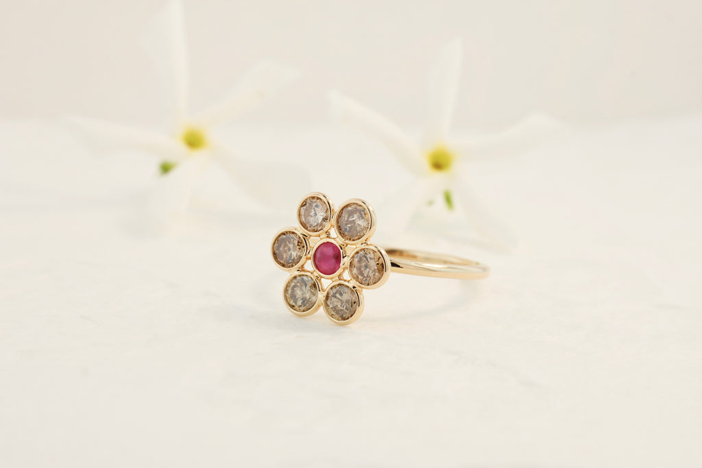 Tuberose Colored Diamond and Ruby Flower Ring-Rings-Nari Fine Jewels-Nari Fine Jewels