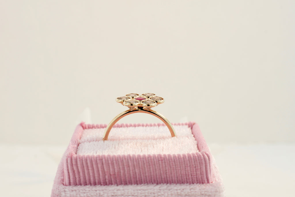 Tuberose Colored Diamond and Ruby Flower Ring-Rings-Nari Fine Jewels-Nari Fine Jewels