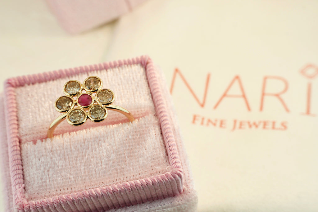 Tuberose Colored Diamond and Ruby Flower Ring-Rings-Nari Fine Jewels-Nari Fine Jewels