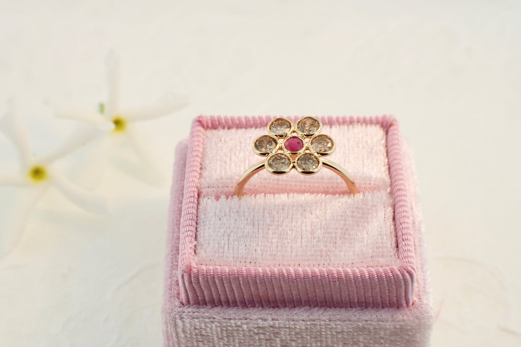 Tuberose Colored Diamond and Ruby Flower Ring-Rings-Nari Fine Jewels-Nari Fine Jewels