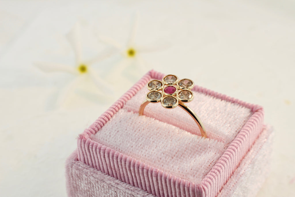 Tuberose Colored Diamond and Ruby Flower Ring-Rings-Nari Fine Jewels-Nari Fine Jewels