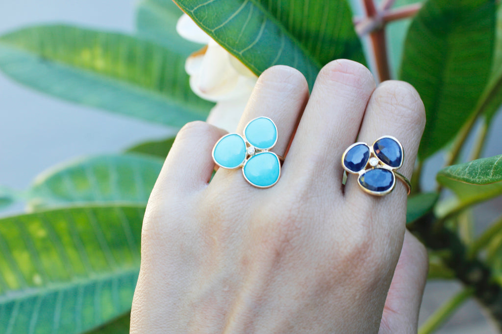 Iris Turquoise Three Petal Ring with Diamond-Rings-Nari Fine Jewels-Nari Fine Jewels