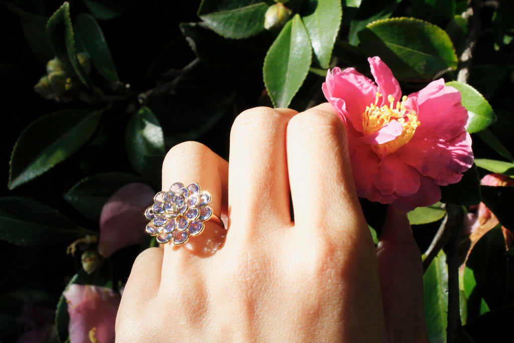 Camellia Tanzanite Ring with Diamond-Rings-Nari Fine Jewels-Nari Fine Jewels