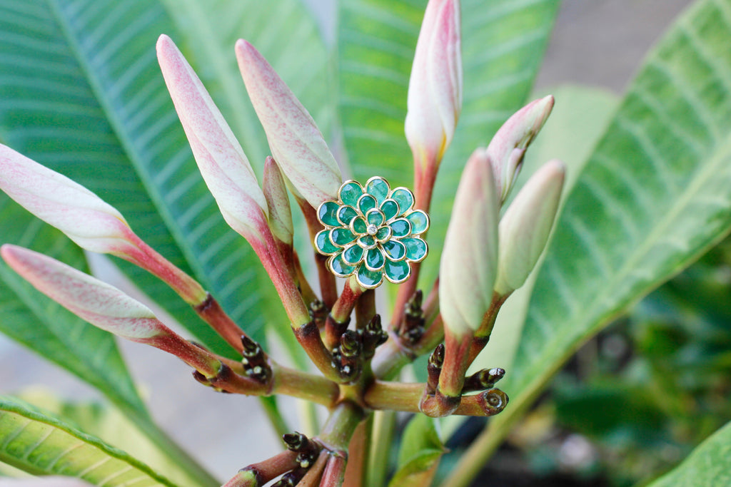 Camellia Emerald Ring with Diamond Accent-Rings-Nari Fine Jewels-Nari Fine Jewels