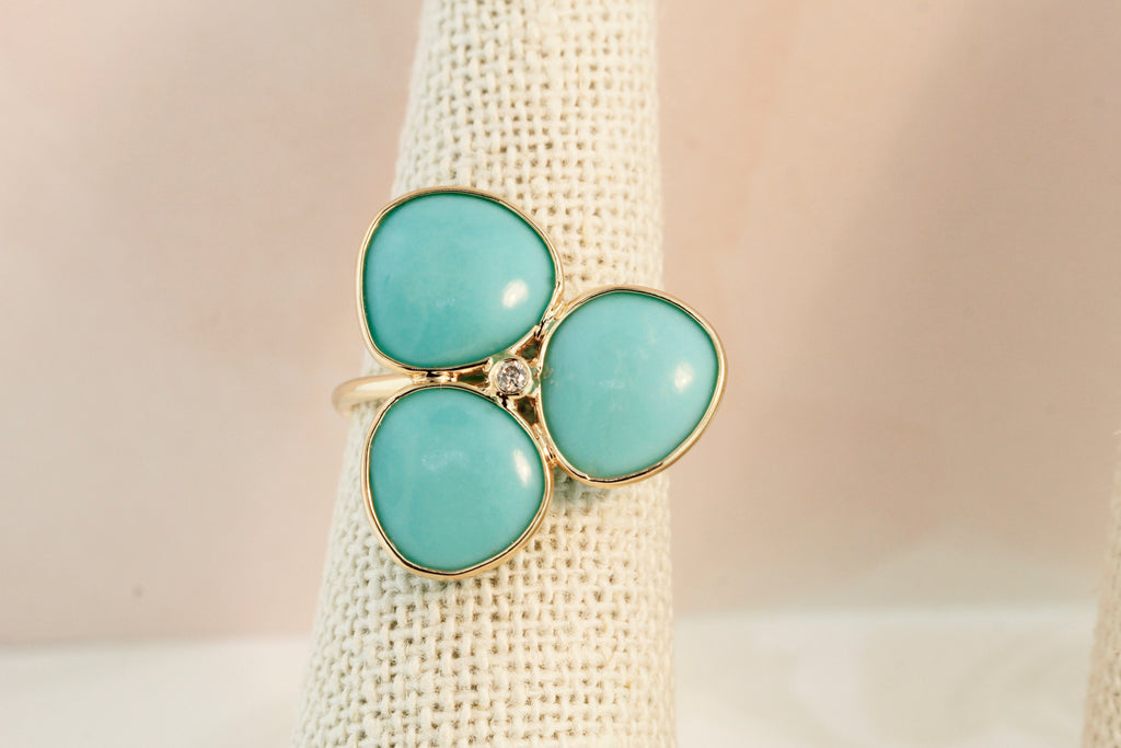 Iris Turquoise Three Petal Ring with Diamond-Rings-Nari Fine Jewels-Nari Fine Jewels