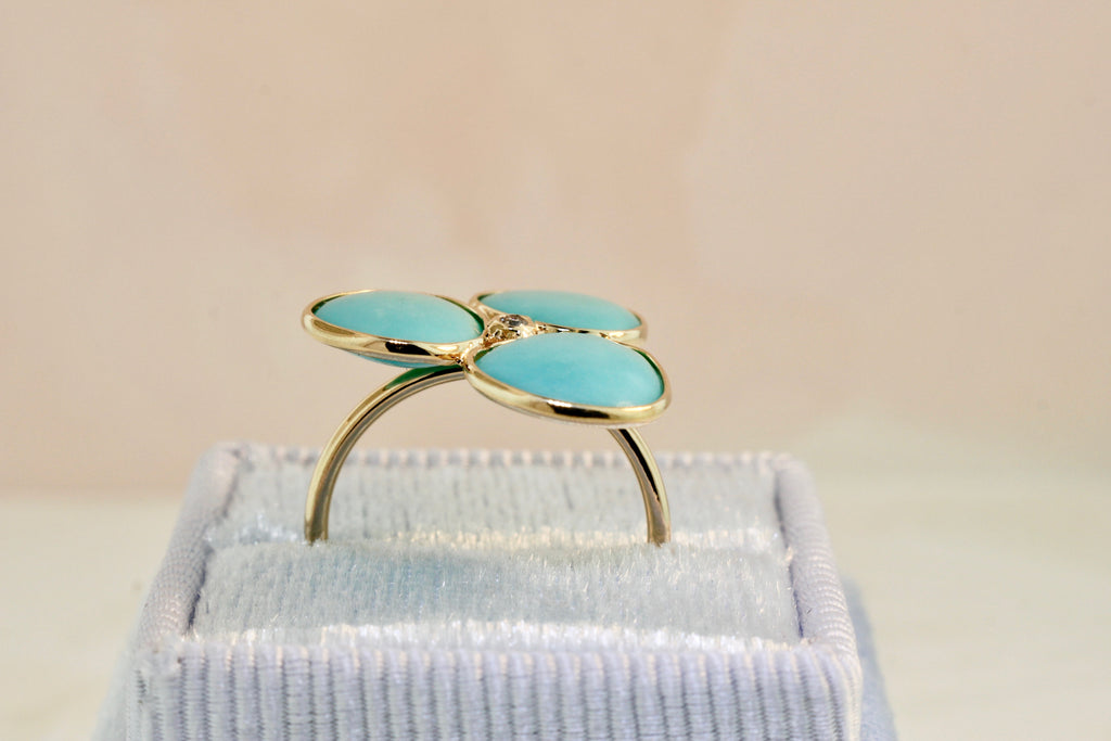 Iris Turquoise Three Petal Ring with Diamond-Rings-Nari Fine Jewels-Nari Fine Jewels