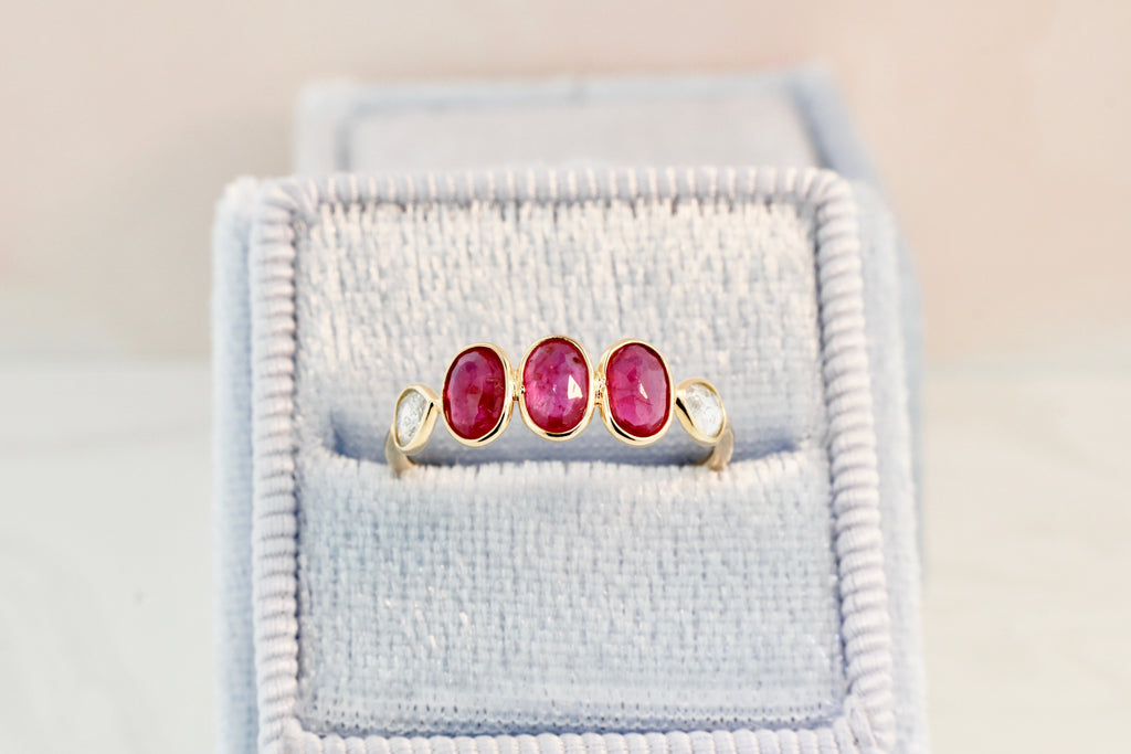 Hana Ruby Three Stones and Diamond Ring-Rings-Nari Fine Jewels-Nari Fine Jewels