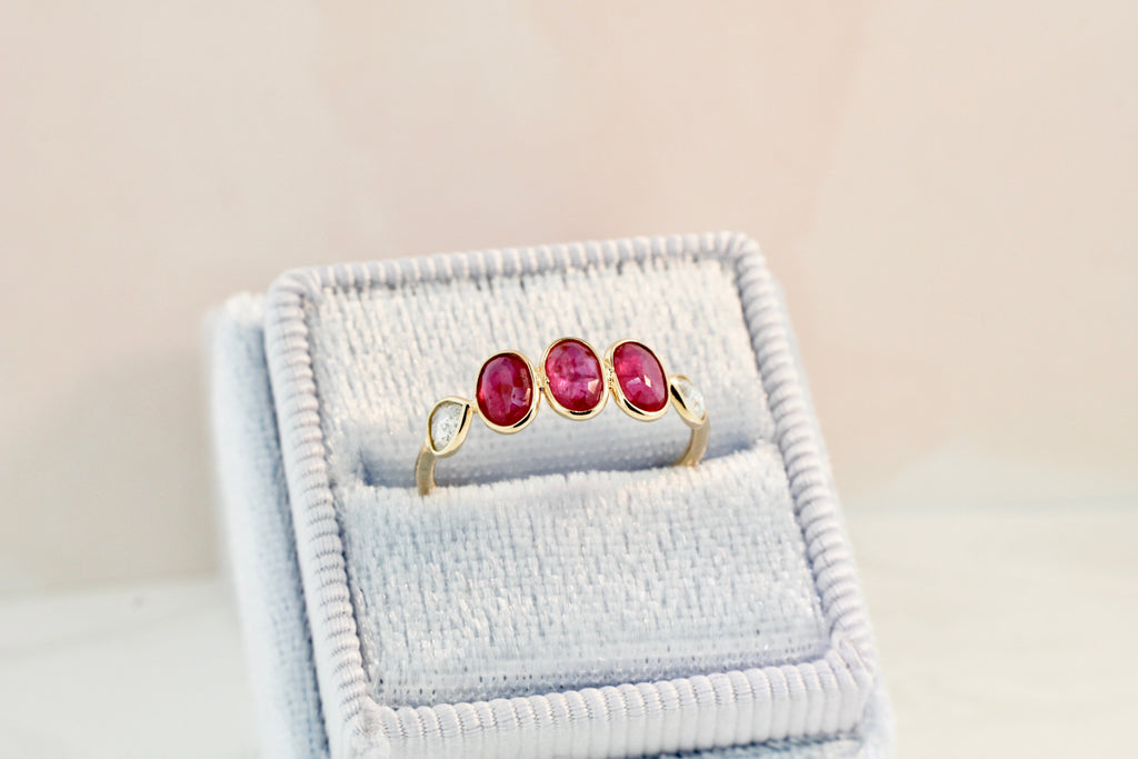 Hana Ruby Three Stones and Diamond Ring-Rings-Nari Fine Jewels-Nari Fine Jewels