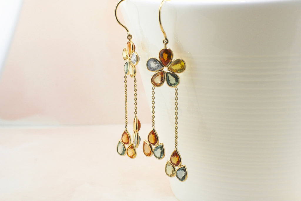 Anemone Multi-Colored Sapphire Floral Dangle Earrings-Earrings-Nari Fine Jewels-Nari Fine Jewels