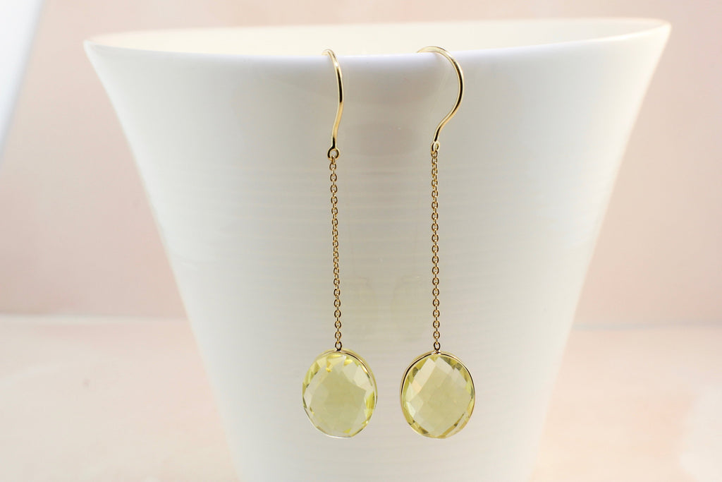 Nina Lemon Quartz Solitaire Dangle Earrings-Earrings-Nari Fine Jewels-Nari Fine Jewels