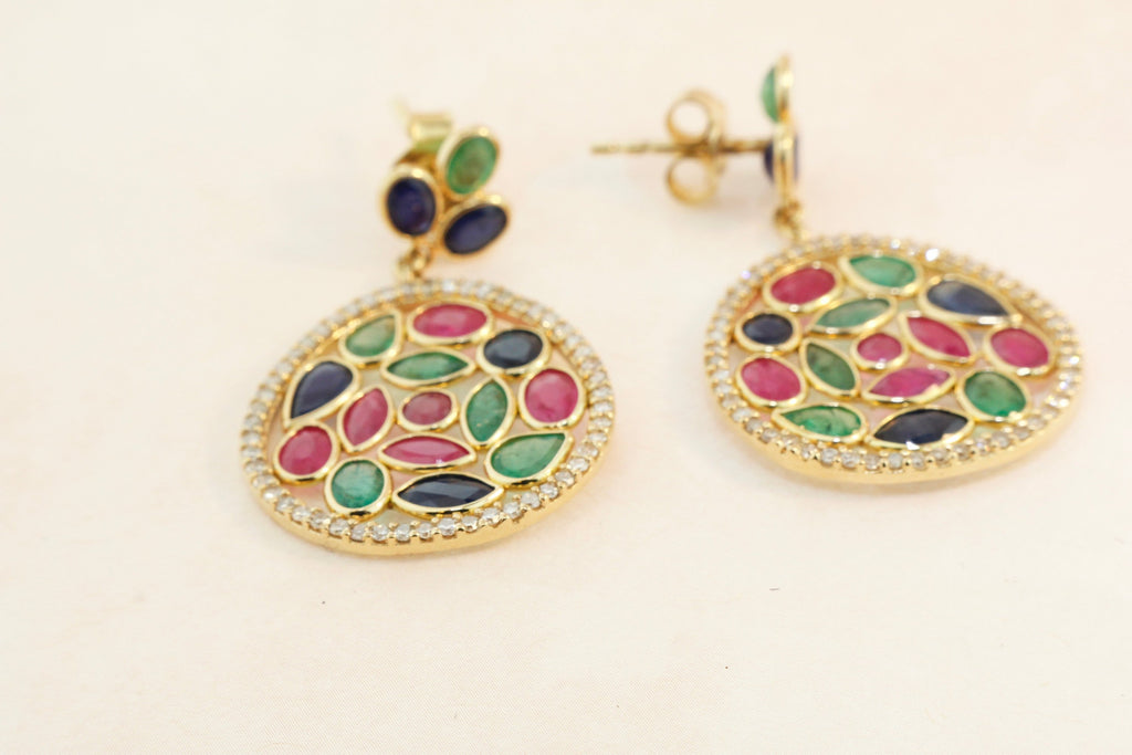 Eden Ruby Emerald Sapphire and Diamond Drop Earrings-Earrings-Nari Fine Jewels-Nari Fine Jewels