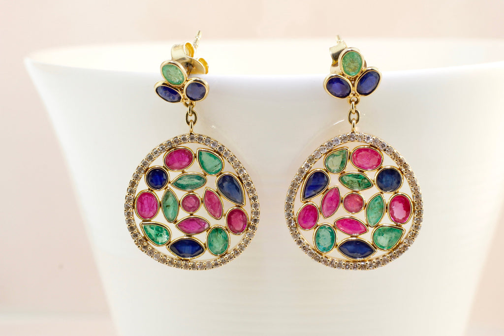 Eden Ruby Emerald Sapphire and Diamond Drop Earrings-Earrings-Nari Fine Jewels-Nari Fine Jewels