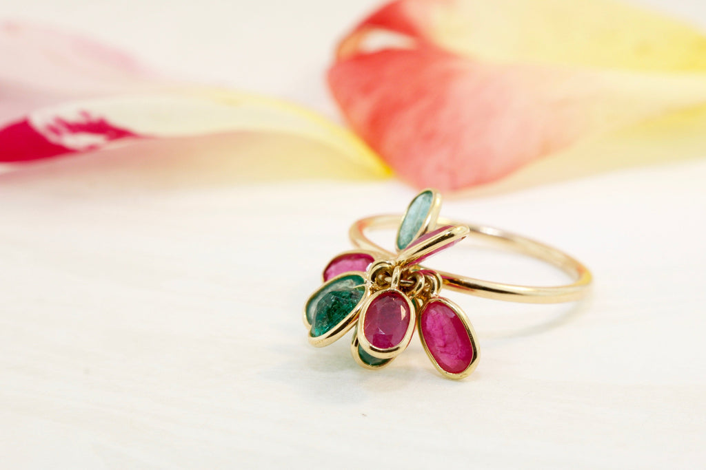 Cassia Ruby and Emerald Dangling Ring-Rings-Nari Fine Jewels-Nari Fine Jewels
