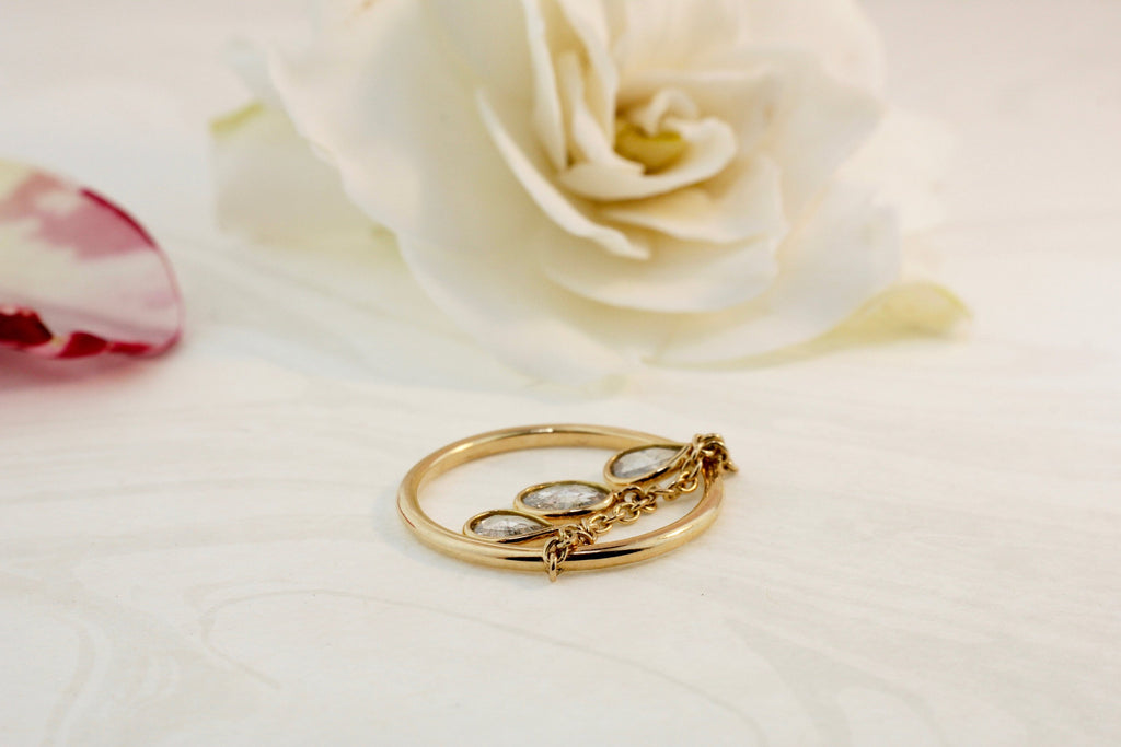 Lucy Diamond Pear Shape Three Stones Dangling Chain Ring-Rings-Nari Fine Jewels-Nari Fine Jewels