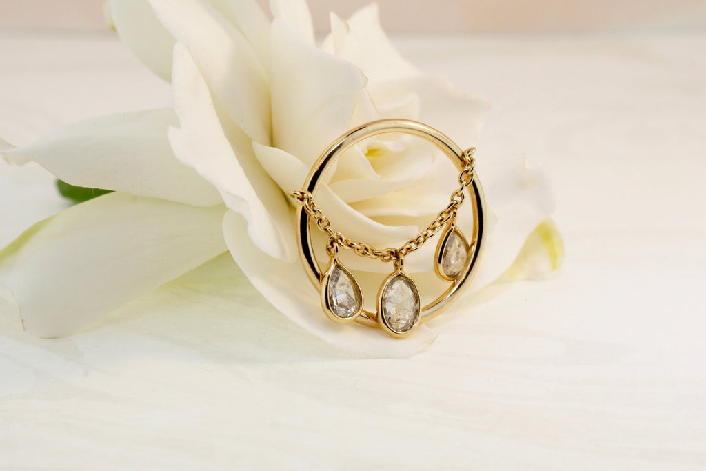 Lucy Diamond Pear Shape Three Stones Dangling Chain Ring-Rings-Nari Fine Jewels-Nari Fine Jewels
