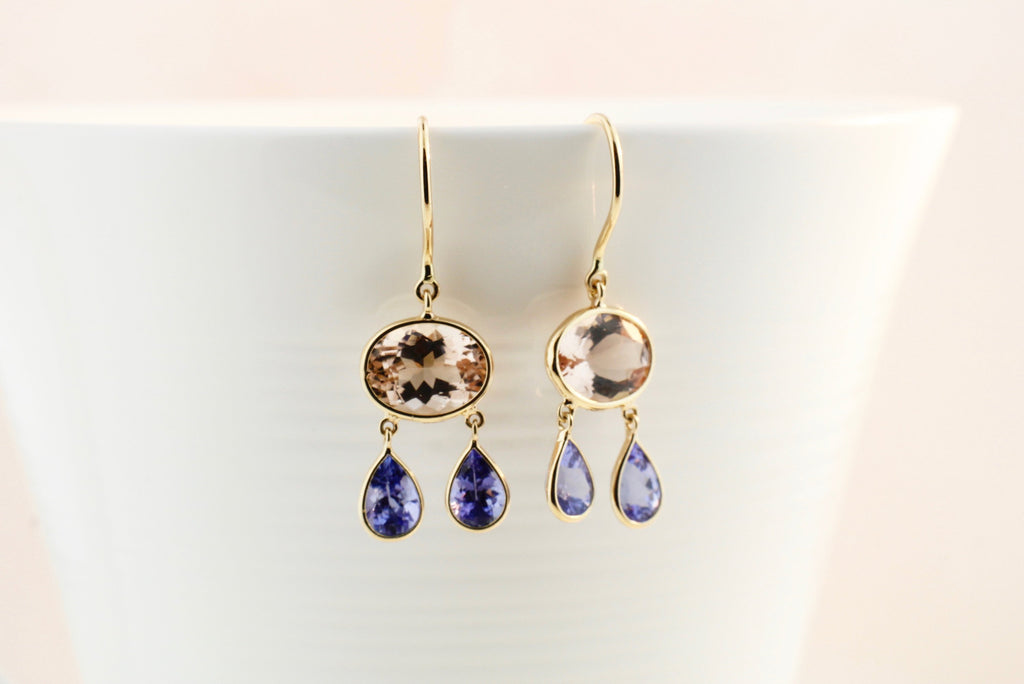 Manee Morganite and Tanzanite Earrings-Earrings-Nari Fine Jewels-Nari Fine Jewels