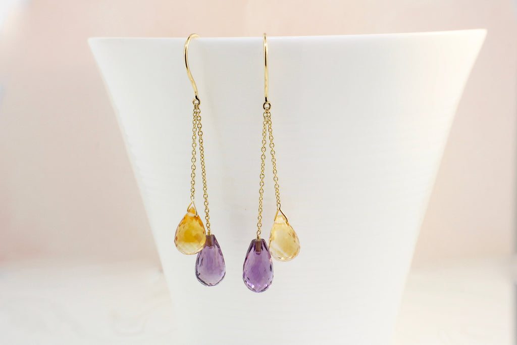 Tini Citrine and Amethyst Briolette Earrings-Earrings-Nari Fine Jewels-Nari Fine Jewels