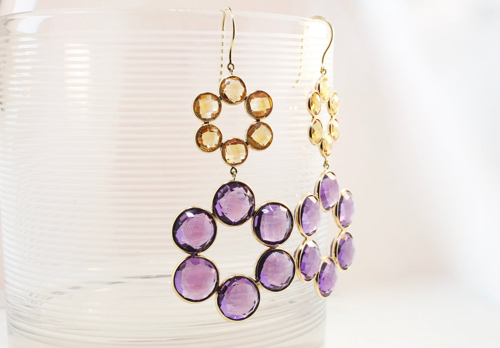 Zinnia Amethyst and Citrine Floral Dangle Earrings-Earrings-Nari Fine Jewels-Nari Fine Jewels