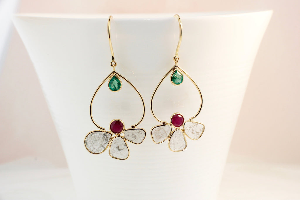 Lotus Diamond Slice Dangle Earrings-Earrings-Nari Fine Jewels-Nari Fine Jewels
