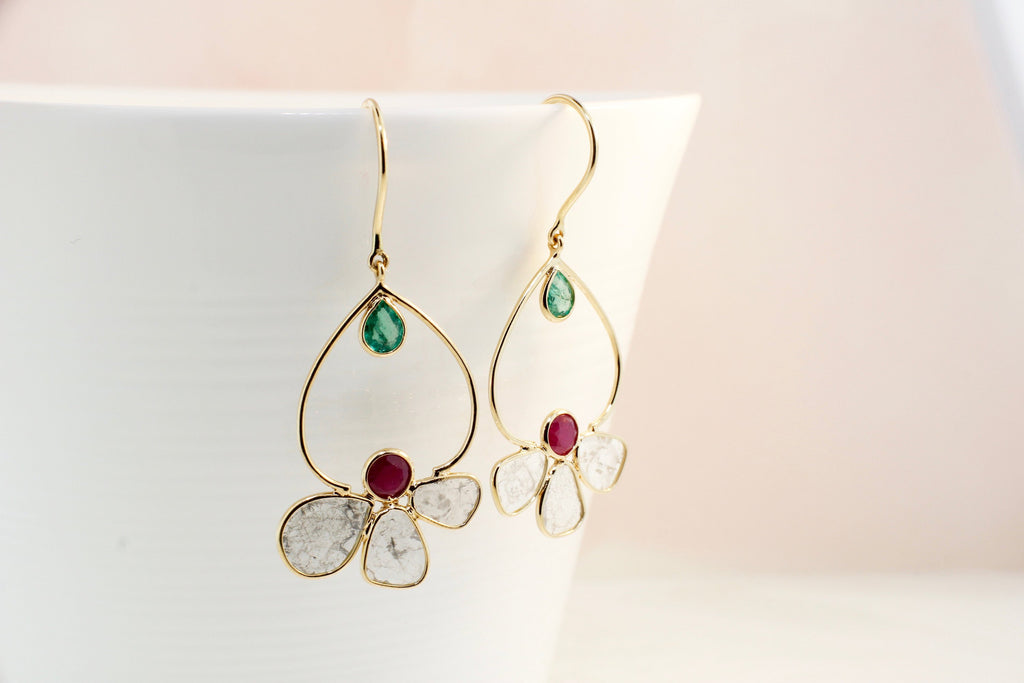Lotus Diamond Slice Dangle Earrings-Earrings-Nari Fine Jewels-Nari Fine Jewels