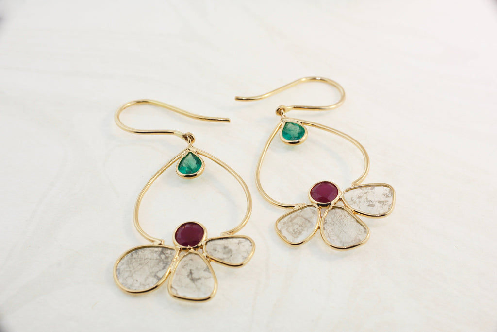 Lotus Diamond Slice Dangle Earrings-Earrings-Nari Fine Jewels-Nari Fine Jewels