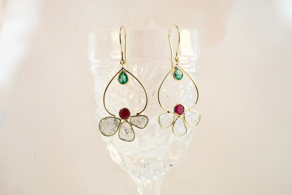 Lotus Diamond Slice Dangle Earrings-Earrings-Nari Fine Jewels-Nari Fine Jewels