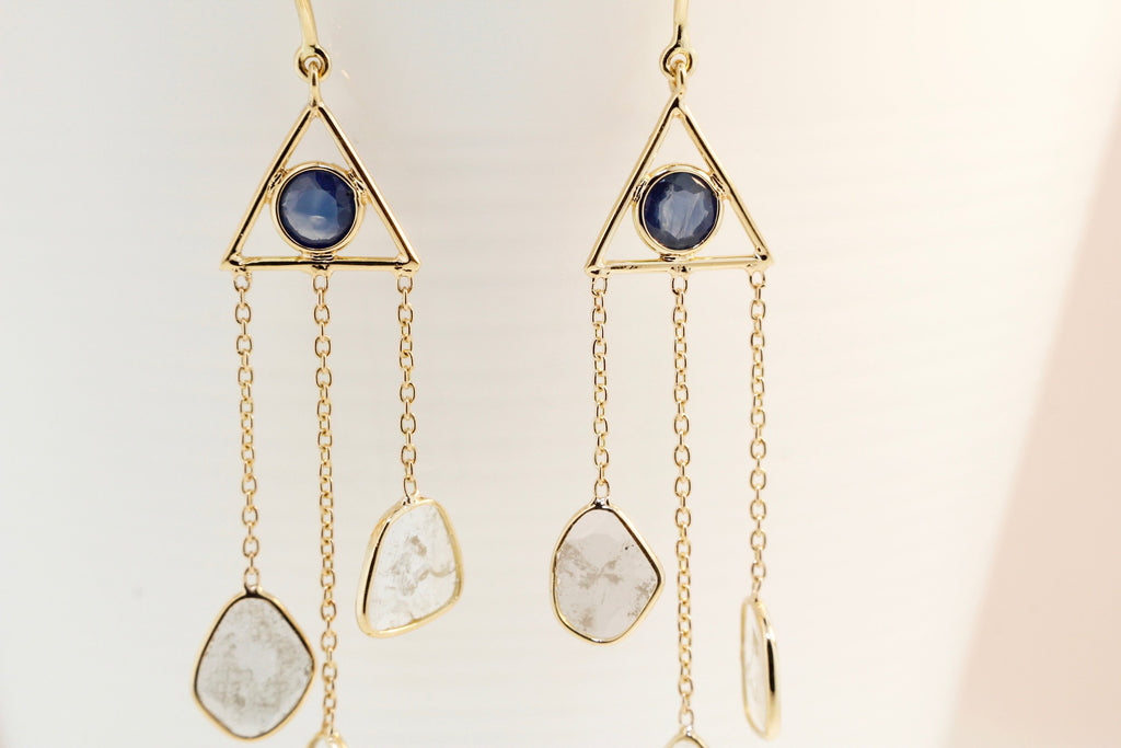 Misty Diamond Slice and Sapphire Triple Strand Dangling Earrings-Earrings-Nari Fine Jewels-Nari Fine Jewels
