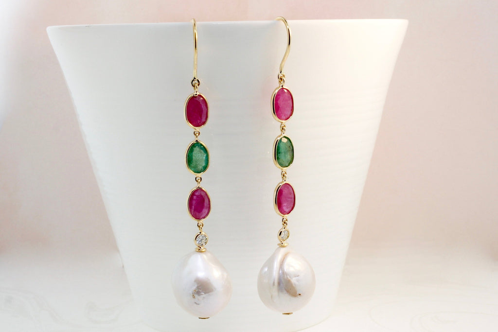 Linnea Pearl Ruby Emerald and Diamond Dangle Earrings-Earrings-Nari Fine Jewels-Nari Fine Jewels