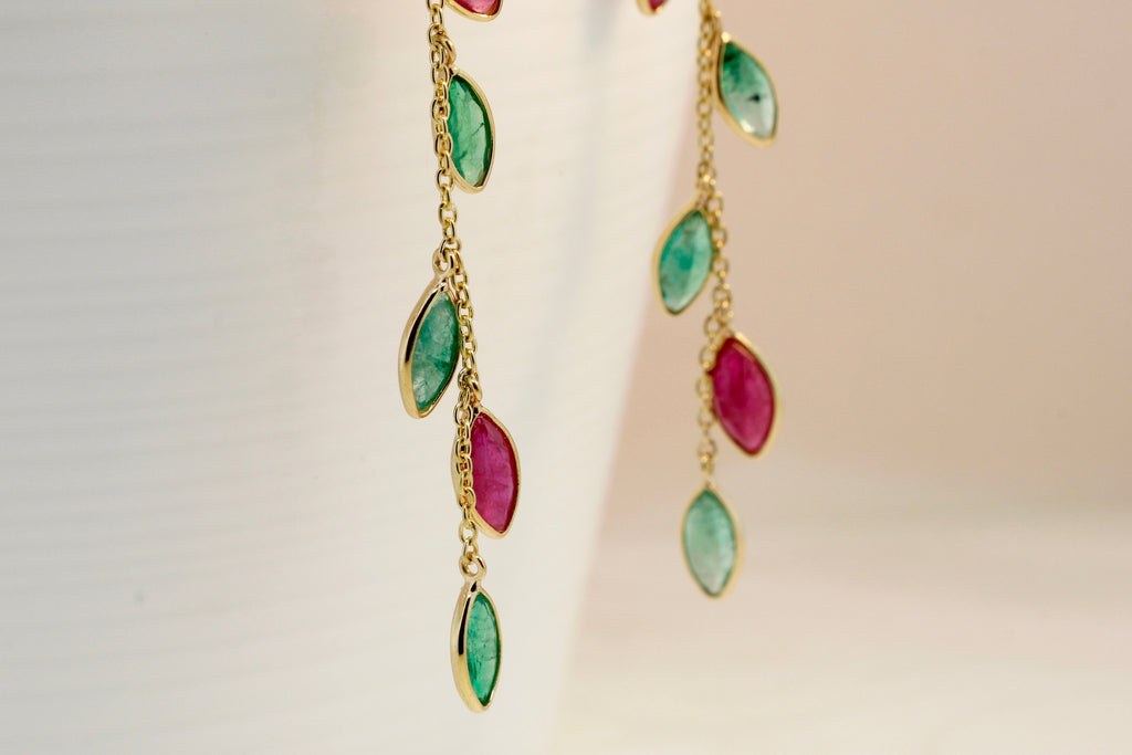 Mesi Ruby and Emerald Waterfall Dangle Earrings-Earrings-Nari Fine Jewels-Nari Fine Jewels