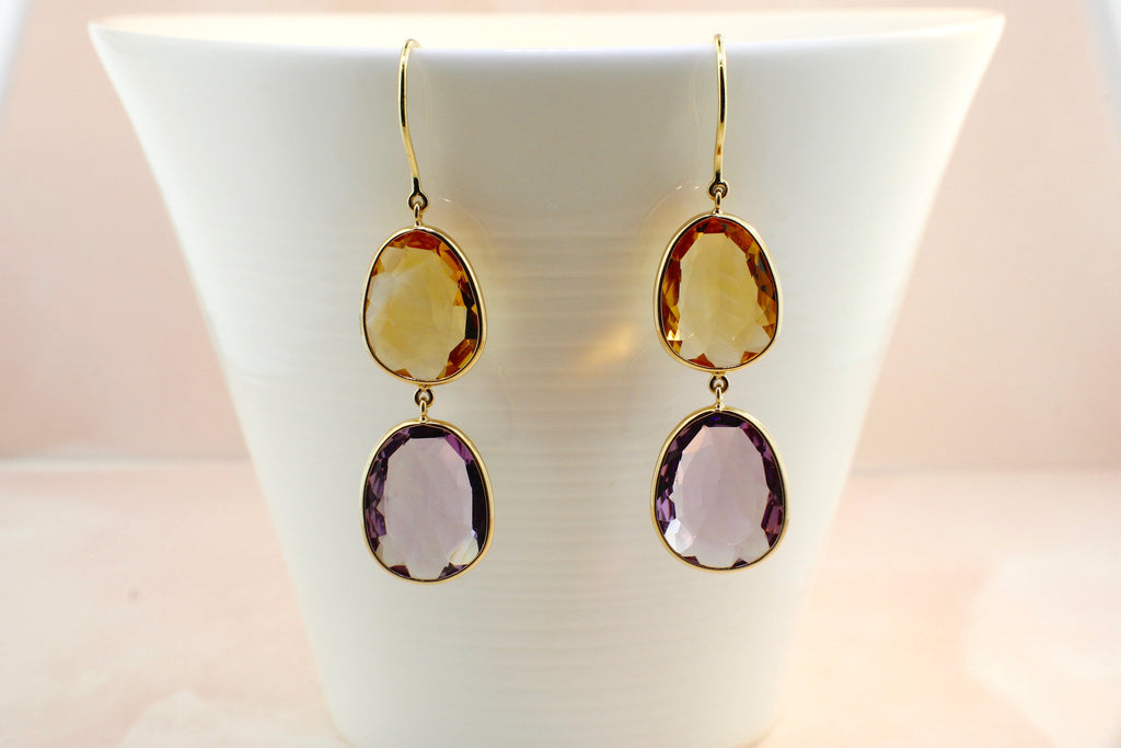 Isabel Citrine and Amethyst Bezel Earrings-Earrings-Nari Fine Jewels-Nari Fine Jewels